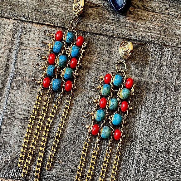 NEW Ceramic Beaded Gold Tassel Earrings - Picture 2 of 13